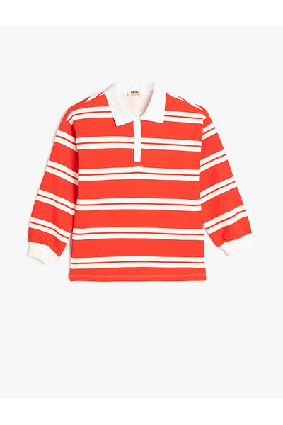 Koton Striped Long Sleeve Button Detailed Polo Neck Sweatshirt