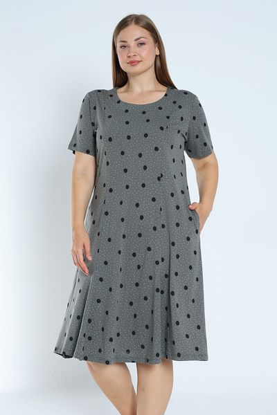 İntensive Women's Plus Size Cotton Dress with Polka Dot Short Sleeves Pockets