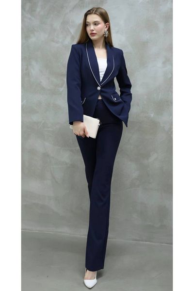 ZF BUTİK Navy Blue Classic Jacket and Trousers Set - Silver Detailed