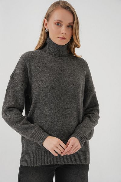 Bigdart 15917 Dámský oversize pletený svetr s rolákem – antracit