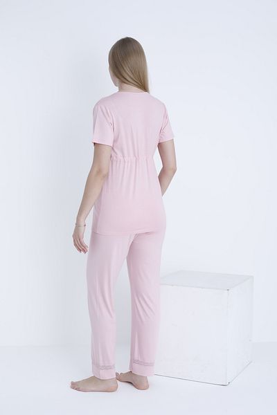 Miss Dünya Lissa V-Neck Front Tie Lace Detail Short Sleeve Knitted Maternity and Maternity Pajamas Set