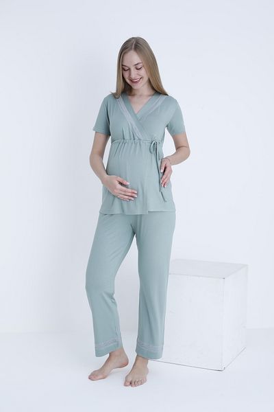 Miss Dünya Lissa V-Neck Front Tie Lace Detail Short Sleeve Knitted Maternity and Maternity Pajamas Set