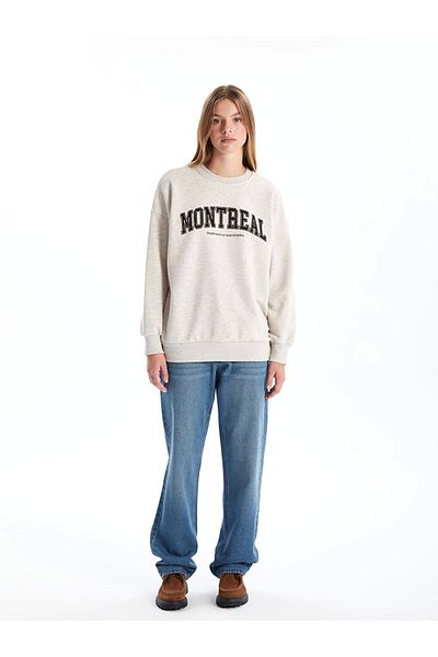 LC Waikiki Γυναικείο χοντρό φούτερ LCW Vision Beige Crew με στάμπα Oversize