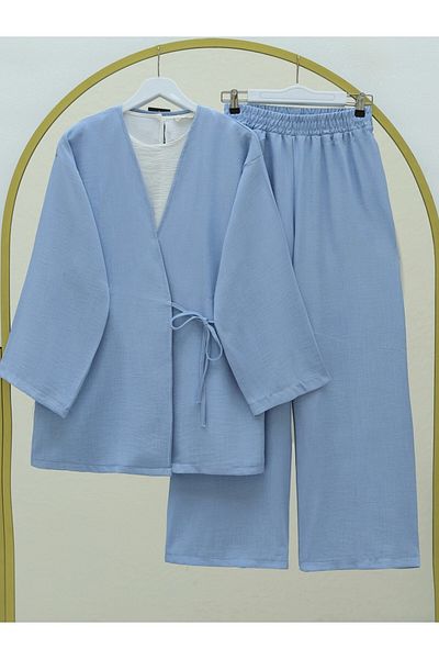 Modamorfo Babyblau – Leinen-Set mit weitem Bein und seitlicher Schnürung