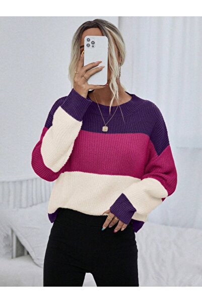 Dier Moda Kadın Oversize Çizgili Triko Kazak, Çizgili Kazak