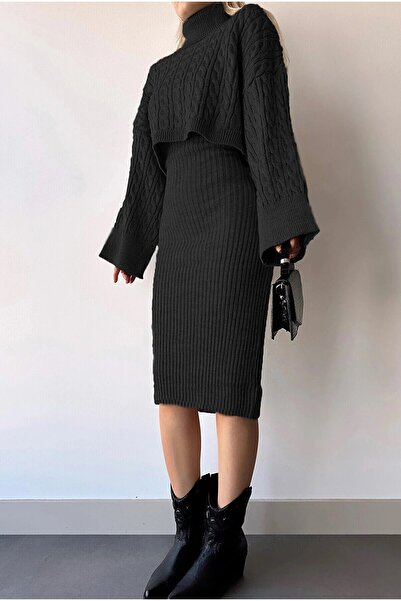 zoe star Magas nyakú kötött motívumú Crop pulóver és kötött ruha szett