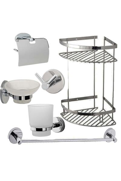 FNDHOME طقم حمام مكون من 6 قطع من الفولاذ المقاوم للصدأ مكون من طبقتين ورف شا...