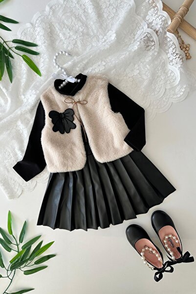 Minigimin Cicileri Παιδικό Σετ Μίνι σε Μπεζ χρώμα - Γούνινο γιλέκο, Δερμάτινη φούστα, Σετ 3 τεμαχίων με λεπτομέρεια φιόγκου