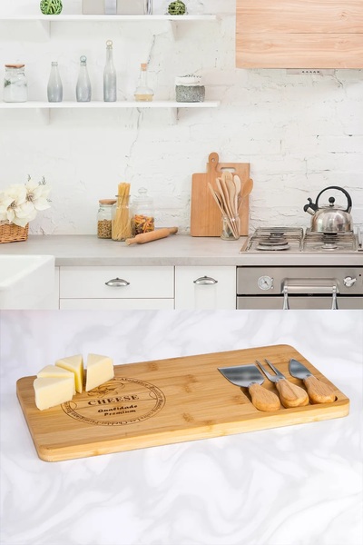 nesshomeeart Bambu 4 Parça Peynir Sunum Tahtası Seti - Peynir Sunum Tabağı