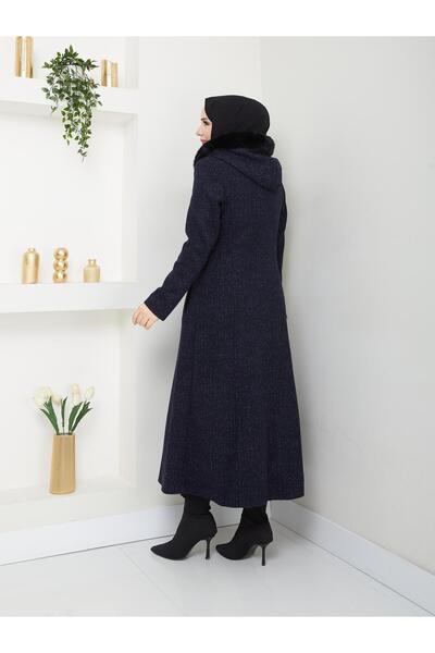 Doque Kışlık Kadın Kaban Kalın Kaşe Düğmeli Kapşonlu Lacivert 57055