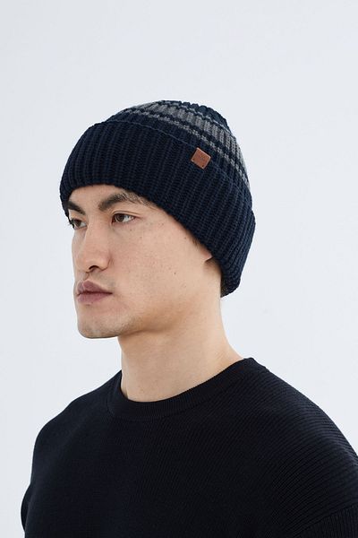 Nordbron Men's Navy Blue Soft Beret Logo Stretchy Knitwear Winter Double Fold Basic Color-Blocking Allek