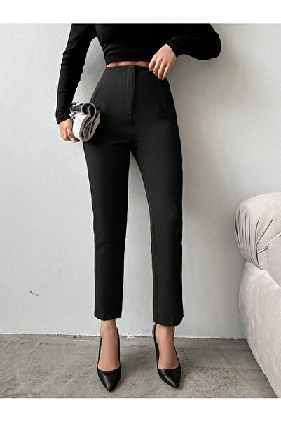 Fovere Pantaloni negri din țesătură clasică cu talie înaltă pentru femei – po...