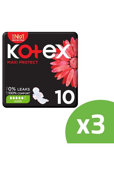 Kotex فوط ماكسي بروتيكت السميكة، فوط صحية كبيرة الحجم بأجنحة، 10 فوط صحية (3 عبوات)