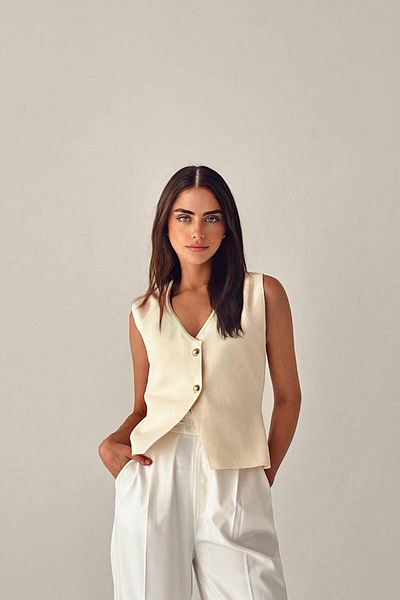 Coral Cream Colored Pearl Button Ribbed Vest
