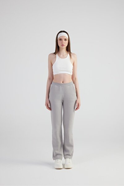 HOLLY LOLLY Women's Gray High Waist Straight Cut Raster Mixed Sweatpants