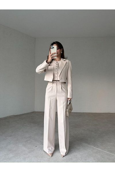 MAXMOOR Women's Cream High Waist Pants Vest Jacket 3-Piece Suit