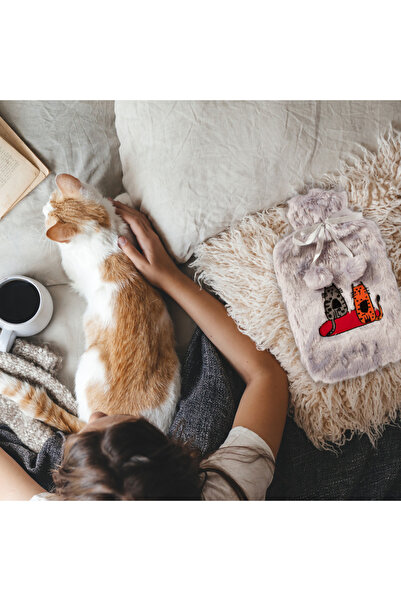Biggdesign Cats Gri Peluş Sıcak Su Torbası, Yumuşak Kılıf, 2 L, Kedili Tasarım, 20x35, Su Sızdırmaz