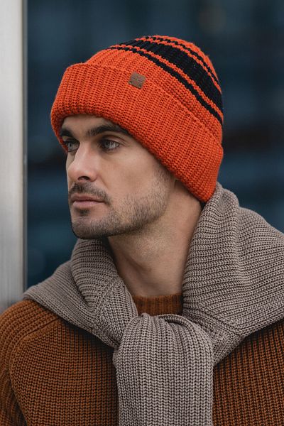 Nordbron Men's Orange Acrylic - Soft Knitwear, Double Fold Winter Logo Corded Allek