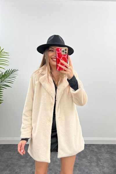 VESS MODA Γυναικείο μπουφάν με κουμπιά κρέμας με εσωτερική επένδυση από μαλακή βελούδινη γούνα
