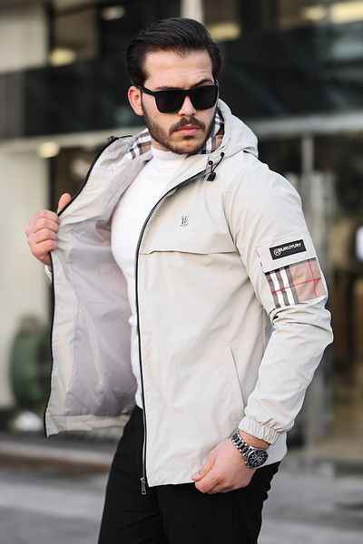 ixir Palton sezonier pentru bărbați - cu glugă și detaliu pe mâneci, crem