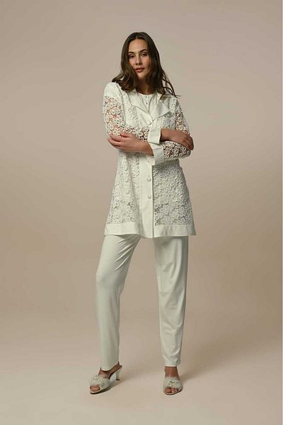 LOHOUSE Women's Ecru Full Lace Shawl Collar Maternity Maternity Dressing Gown 3-Piece Pajamas Set