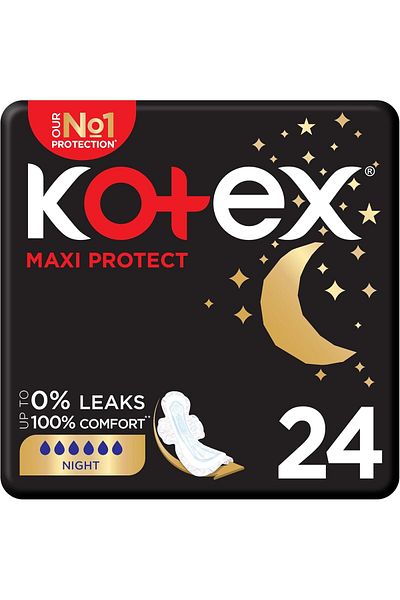 Kotex Maxi Protect Thick Pads, Overnight Protection Sanitary Pads with Wings, 24 Pads ( 2 Packs )
