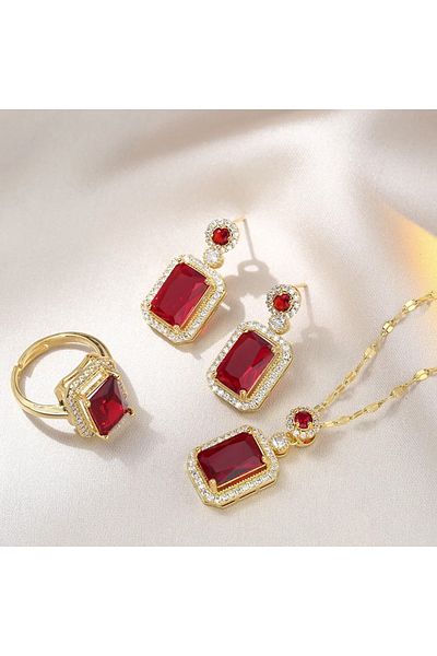 Takıtolia Radiara Zircon Stone Stylish Rectangular Design Gift for Lover Necklace Earrings Adjustable Ring Set