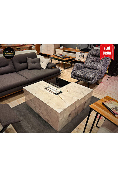 WorkShop Elite Lagi Polygon 3'lü Şömineli Orta Sehpa Seti - Mermer Görünümlü,...