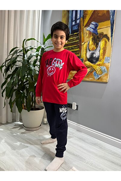 YUMİYUMM Erkek Çocuk Penye Süprem Kırmızı Uzun Kollu Pijama Takımı