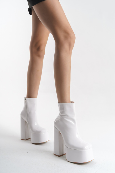 Ayakkabı Ateşi Kadın Fermuarlı Yüksek Platform Bot Ecosi Beyaz Rugan