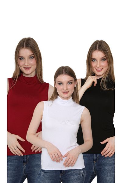 ŞİNDO GİYİM Body fără mâneci pentru femei, negru, alb, roșu Claret, 3 piese