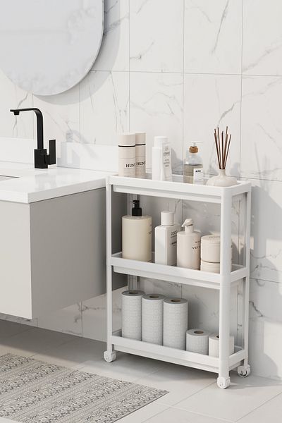 Trend Maison وحدة رفوف ذات عجلات رفيعة مكونة من 3 طبقات - منظم للمطبخ والحمام باللون الأبيض