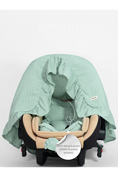Pedimu Muslin Nile Green Color Ruffle Detailed Stroller Cover and Stroller Cushion Set