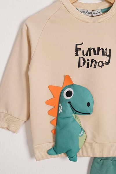 zepkids Dinosaur Figured Text Printed Green Color Boy's Double Suit