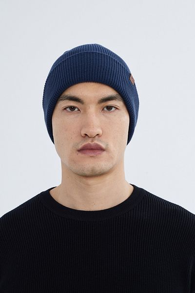 Nordbron Unisex Navy Blue Acrylic Plain Soft Knitwear Beanie Stretchy Fold Winter Basic Corded Pumb with Logo