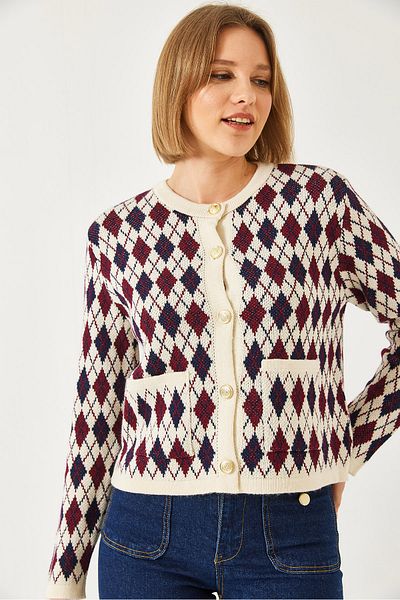 Bianco Lucci Women's Diamond Patterned Pocket Knitwear Cardigan 20247581