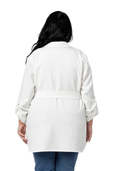 DISENTIS MODEST Plus Size Fold Sleeve Belted Unlined Long White Jacket