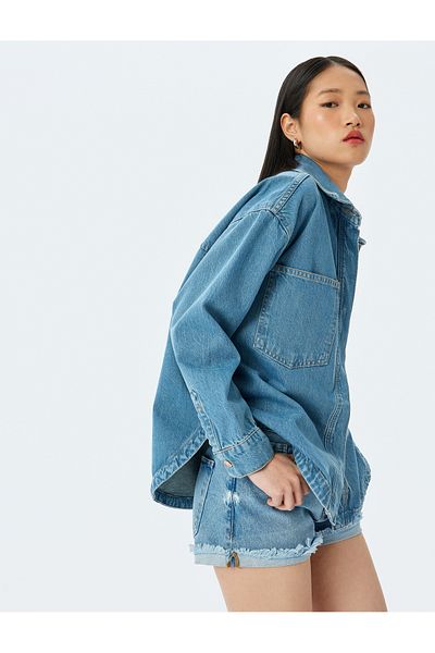 Koton New Season Oversize Applique Pocket Detailed Buttoned Denim Shirt Jacket