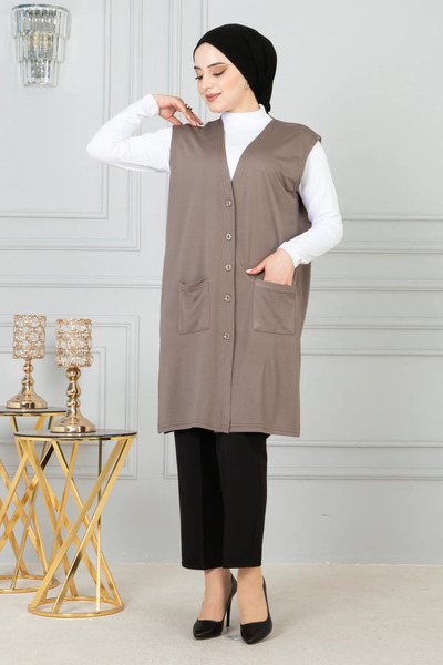 NOBLE STORE Kadın Anne Uzun Ince Düğmeli Cepli Penye Yelek Anneler Günü noble...