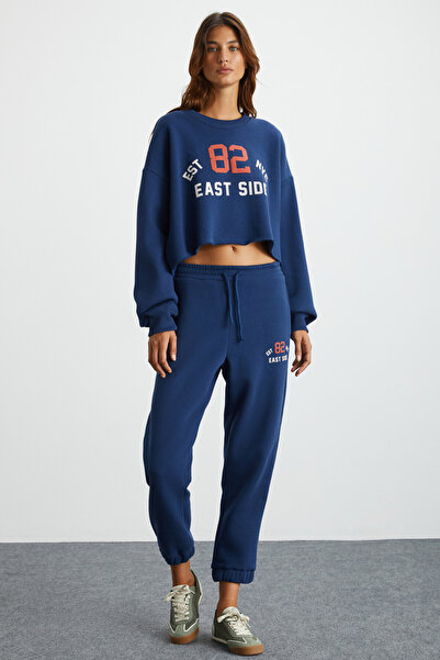 GRIMELANGE Gloryy Kadın Comfort Fit Baskı Detaylı Lastikli Paça Organik Pamuklu Lacivert Eşofman Takımı