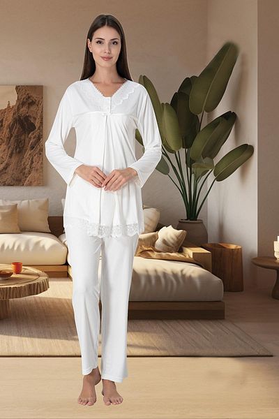 LOHOUSE Women's Ecru Long Sleeve Hidden Nursing Cotton Maternity Maternity Pajamas Suit