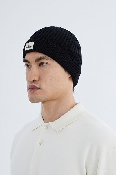 Nordbron Unisex Black Knitwear Cotton Plain Soft Beanie with Logo Stretchy Winter Double Fold Basic Cuat