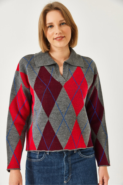 Bianco Lucci Women's Polo Neck Patterned Knitwear Sweater 20247580