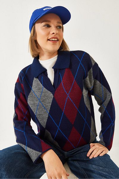 Bianco Lucci Women's Polo Neck Patterned Knitwear Sweater 20247580