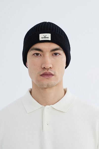 Nordbron Unisex Black Knitwear Cotton Plain Soft Beanie with Logo Stretchy Winter Double Fold Basic Cuat