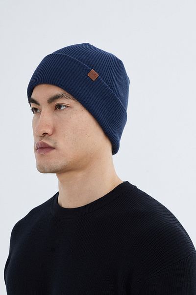 Nordbron Unisex Navy Blue Acrylic Plain Soft Knitwear Beanie Stretchy Fold Winter Basic Corded Pumb with Logo