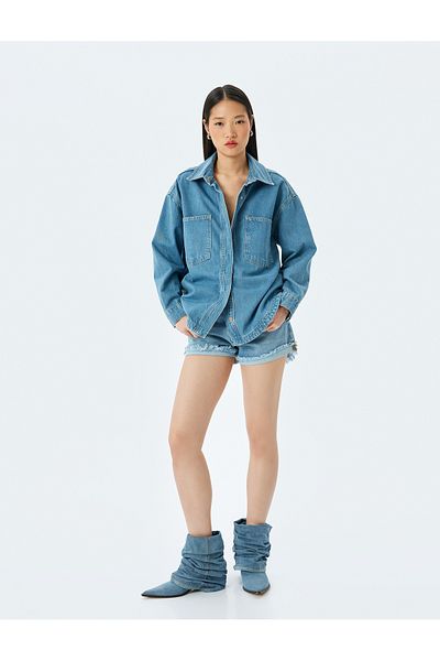 Koton New Season Oversize Applique Pocket Detailed Buttoned Denim Shirt Jacket