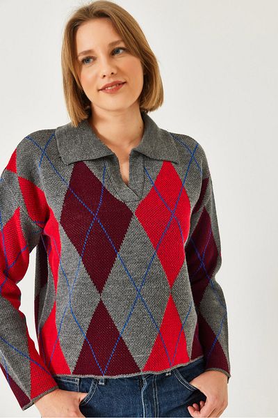 Bianco Lucci Women's Polo Neck Patterned Knitwear Sweater 20247580