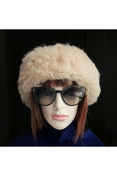Shark Anatolia Handmade 100% Wool Curly Cream Fur Women's Real Leather Hat