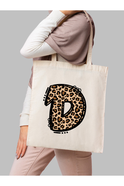 Cemira Leopar D Harfi Desenli, Y2 Pinterest Retro Bez Çanta Tote Bag, Hediye Çanta